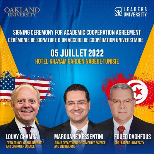 Accord de Coopération Universitaire Leaders University de Nabeul et Oakland University Rochester du Michigan