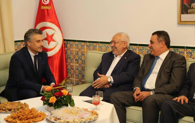 Rached Gannouchi avec Mehdi Jomâa et Nabil Karoui