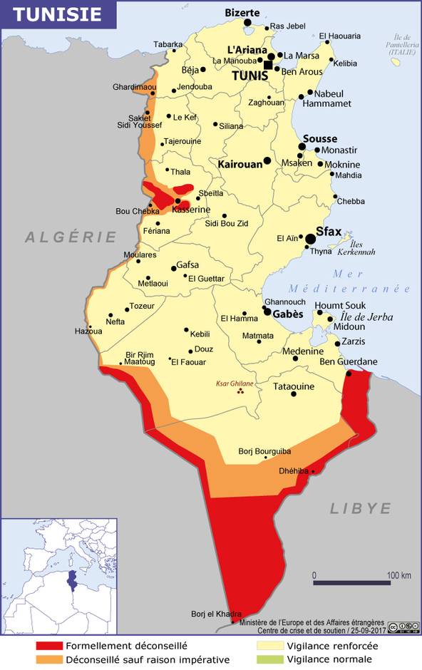 Des régions tunisiennes classées zones dangereuses par l’ambassade de France