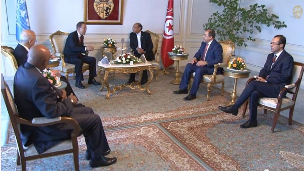 Tunisie: Ban Ki-moon accueilli par Moncef Marzouki
