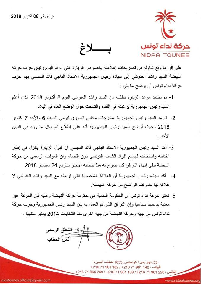 L’entretien BCE-Ghannouchi : la fin du consensus irrévocable, selon Nidaa Tounes