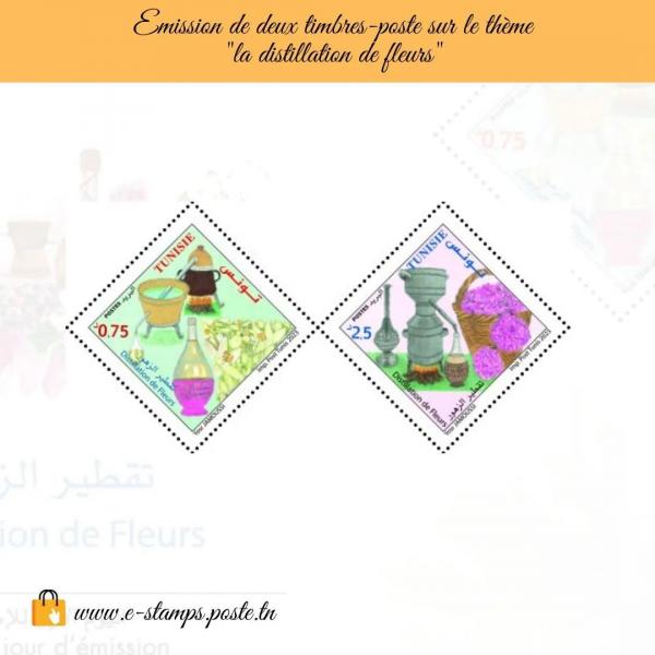 Poste Tunisienne : Emission de deux timbres-poste sur le thème "distillation de fleurs".