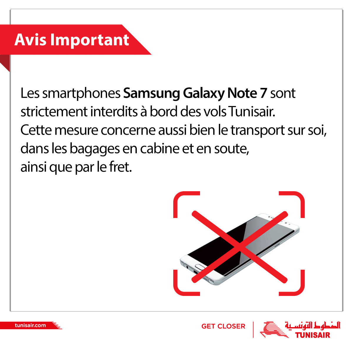 Sécurité: Le Samsung Galaxy Note 7 interdit à bord des vols de Tunisair
